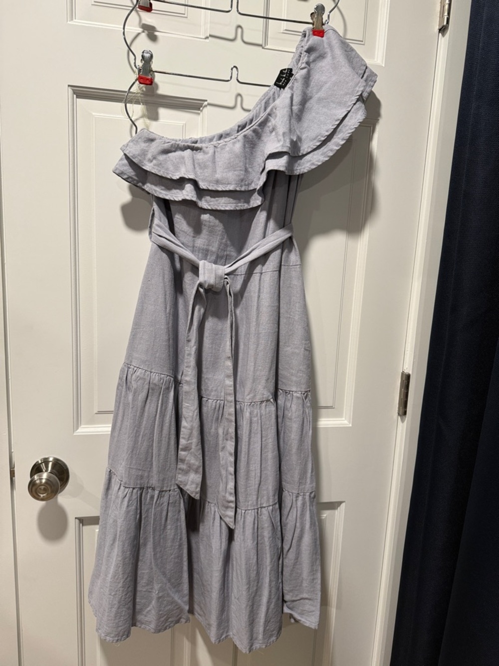 One-Shoulder Ruffle Tiered Linen Maxi Dress - Light Blue